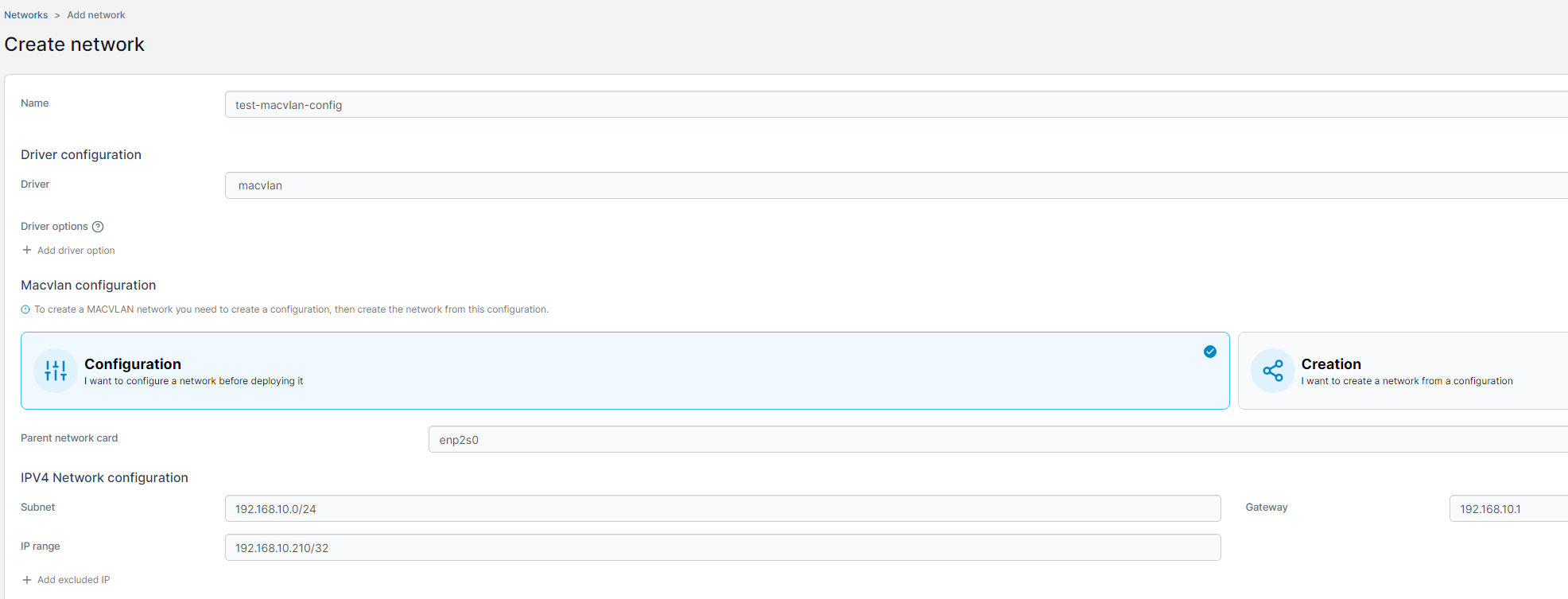 Portainer MACVLAN configuration