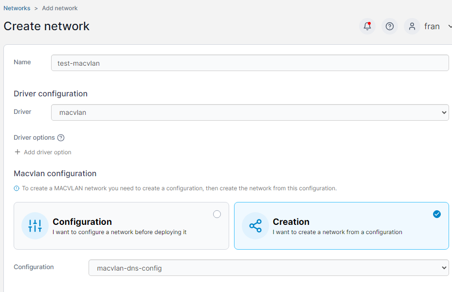 Portainer MACVLAN network creation