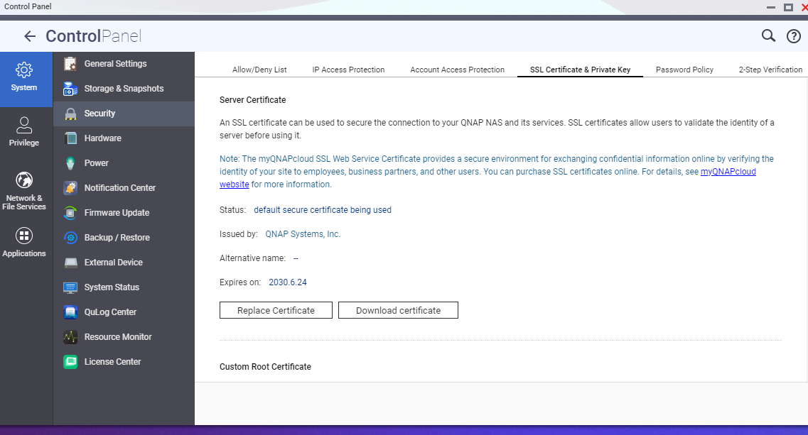 QNAP Certificate Management Screen