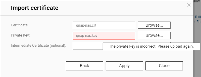 The Certificate and Key Upload window