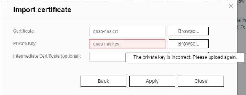 The Certificate and Key Upload window