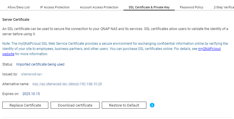 Interface showing custom certificate in use