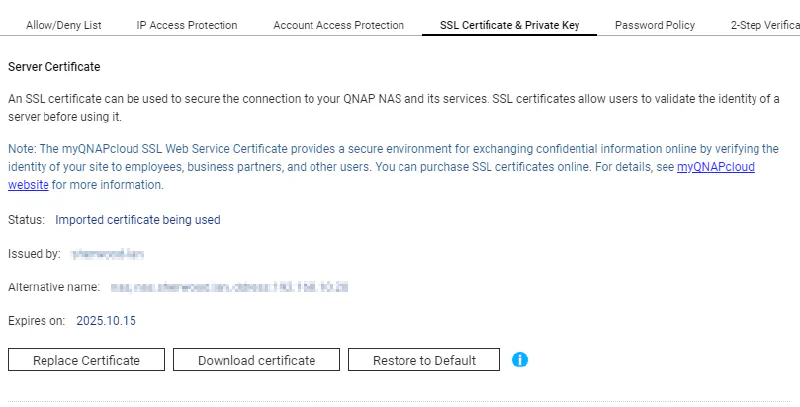 Interface showing custom certificate in use